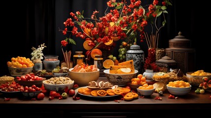 Vibrant Display of Festive Fruits and Decorations