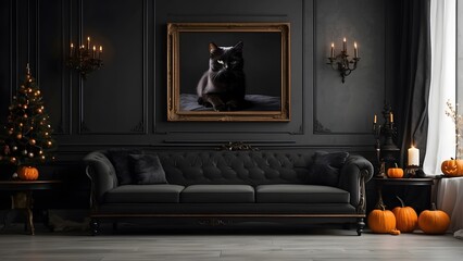 Modern minimalist black wall art mockup of luxury living room with sofa for Halloween, blank frame for wall art mockup of living room, Halloween and Christmas spooky scary vibes of the room interior