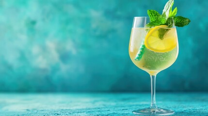 A refreshing cocktail garnished with lemon and mint on a vibrant blue background.