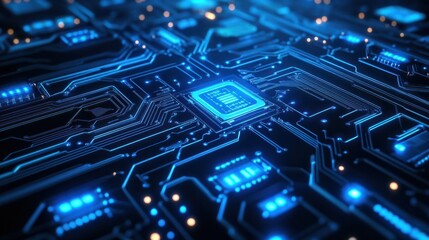 Fototapeta premium Abstract Digital Circuit Board Background with Glowing Blue Lines and Circuitry