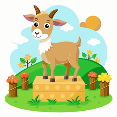 Goat standing on a bale of hay vector illustration