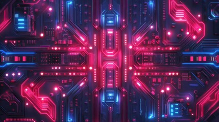 An intricate red and blue neon-lit circuit board pattern with a tech-industrial look suggesting complex electronics