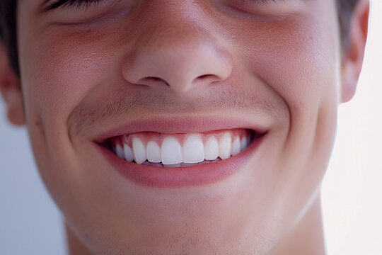 Close-up of a young man smiling brightly showing white teeth with dimples and a natural complexion capturing joy and friendliness
