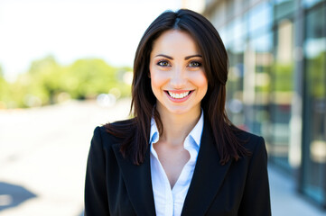 Naklejka premium Businesswoman smiling in front of office building