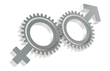 Gears with female and male symbols. Relationships between man and woman, concept. 3D rendering isolated on transparent background