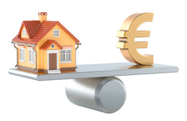 House and Euro symbol balance, concept. 3D rendering isolated on transparent background