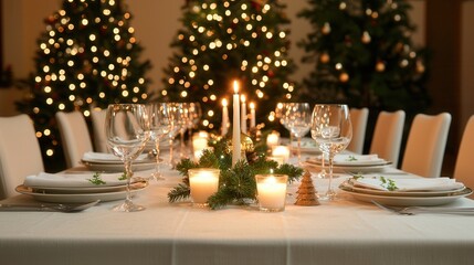 A beautifully set festive dining table adorned with candles and greenery, surrounded by Christmas trees decorated with lights.