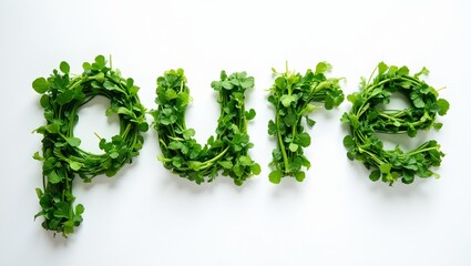Fresh basil parsley and spinach spell pure on white