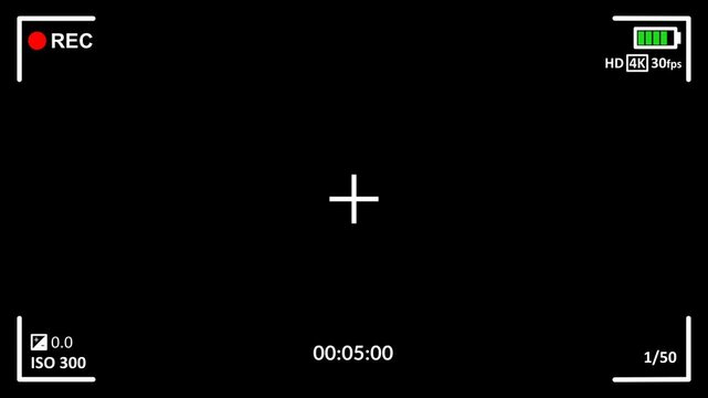 Camera recording screen horizontal overlay template, screen interface of video recorder digital display with timer. dslr. 4K quality in black background
