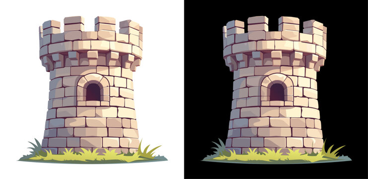 A medieval stone tower with battlements and a small arched window, rendered in a 3D cartoon realistic style. Ideal for game icons, UI, UX, KIT, and GUI. The 3D cartoon tower. Vector