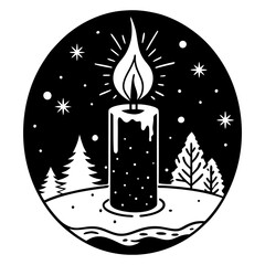 candle with a flame flickering in a wintery scene
