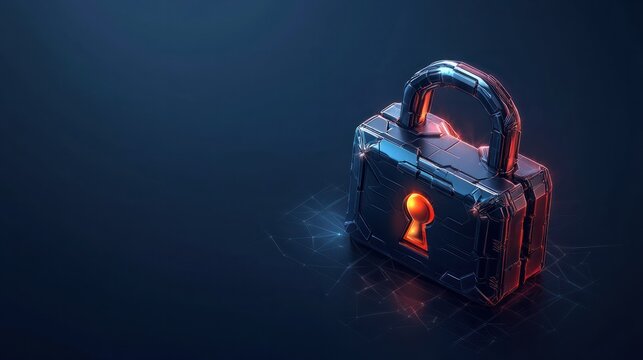 Cybersecurity and digital data protection theme featuring a small padlock with binary polygon interconnects on a dark blue background