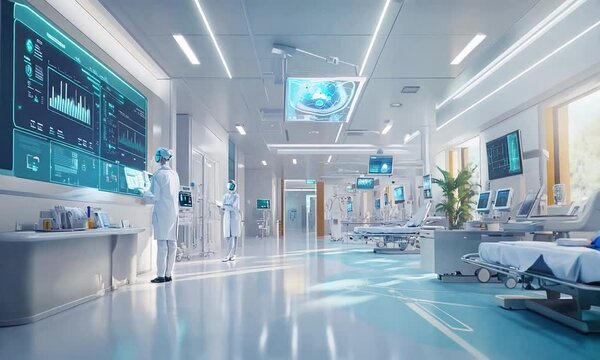 A group of doctors are looking at a computer screen in a hospital. The computer screen is displaying a variety of medical images and data. Scene is serious and focused