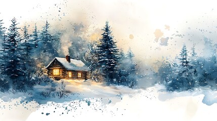 Fototapeta premium Warm Cabin in Snowy Landscape Watercolor Painting