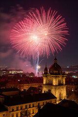 fireworks light historic buildings festive lights midnight celebrations