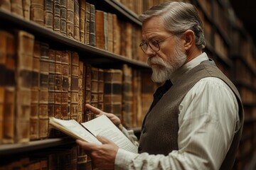 Middle-aged legal consultant reading in library