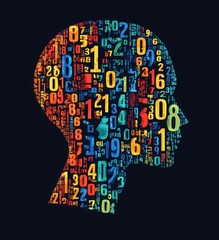Colorful digital numbers forming the silhouette of a human head against a dark background