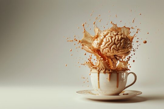 A brain explosively emerging from a coffee cup, with coffee splashing everywhere, beautifully captured in a surreal artistic style. Monday, morning, waking up, energy.