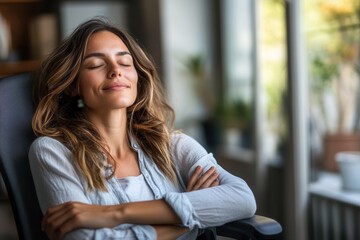 Young Woman Relaxing in Office Chair with Closed Eyes
