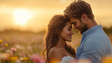 Obraz premium Romantic couple embracing in a field wildflowers during sunset capturing tender intimate moment perfect for commercial use in love-themed campaigns wedding promotions lifestyle branding Commercial