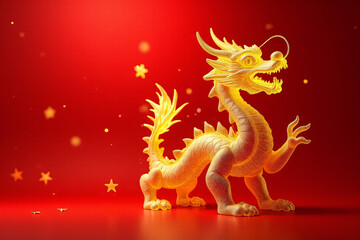 lunar new year celebrates golden crystal dragon stunning red background plenty empty space surrounding