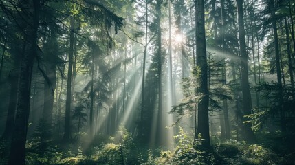 Fototapeta premium Serene Dense Forest with Sunlight Through Pine Trees