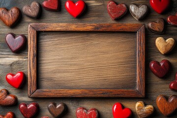 Wooden frame surrounded by hearts on rustic wood for valentine's day