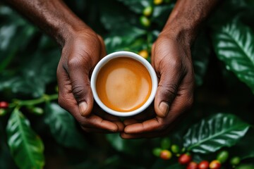 A close-up of hands holding a cup of fair trade coffee, with a background of a lush coffee plantation