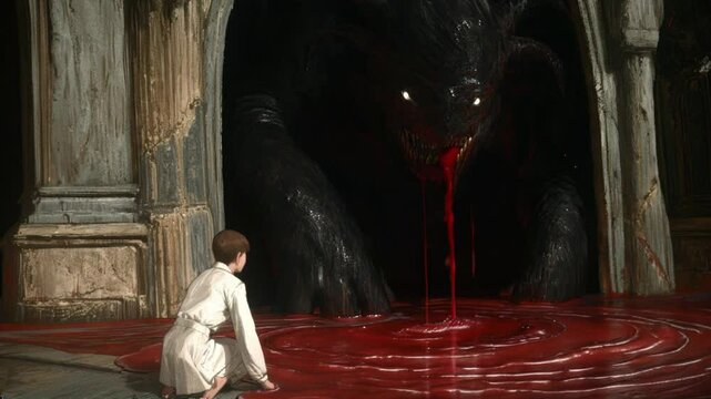Boy Faces Giant Shadow Demon in Eerie Blood Pool | Dark Fantasy Horror Animation with Calm, Mysterious Encounter