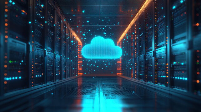 Futuristic Data Center with Glowing Cloud Icon and Holographic Background - Technology Concept