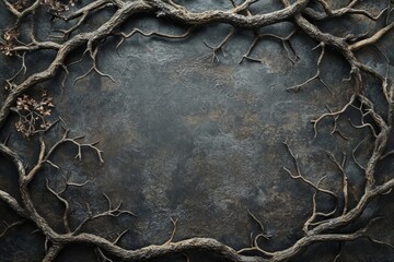 Dry branches forming a circle on dark stone background with copy space