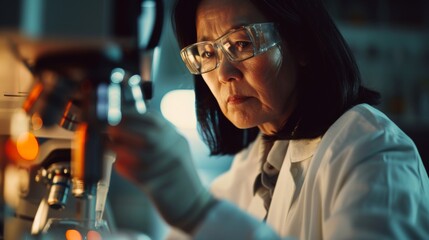 Female asian scientist wearing safety goggles carefully examines sample using microscope in well equipped laboratory, dedication and precision required in scientific research.