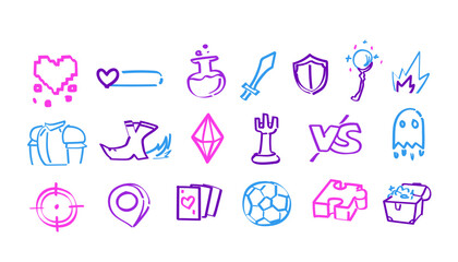 Game Items Doodle Hand-Drawn Line in Vector Art