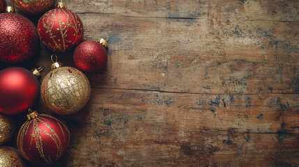 Obraz premium christmas ornaments rustic wood background - red gold festive decoration