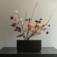 plants and flowers black pot on grey background