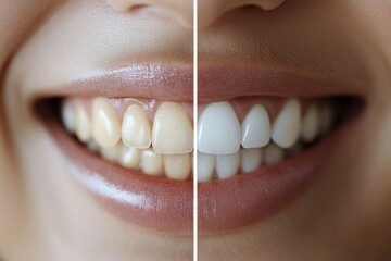 Woman smiling showing teeth whitening before and after treatment