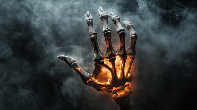 An open the palm of the skelleton hand with soft ligting and smoke background.