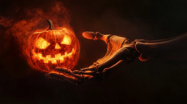 An open the palm of the skelleton hand and a jack-o-lantern with soft ligting against a gradient black color with soft smoke background.
