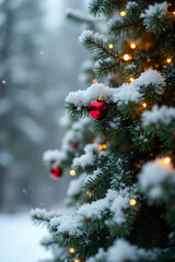 wflakes fall gently fir branches amidst festive holiday decorations serene winter wonderland setting surrounded white christmas magic