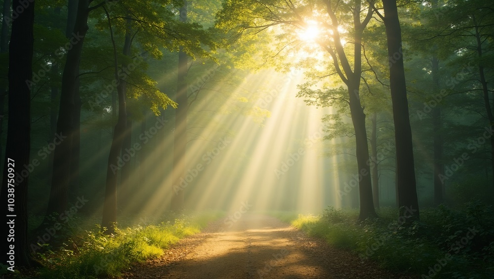 Wall mural tranquil forest scene with sun rays filtering through canopy illuminating dust particles in air