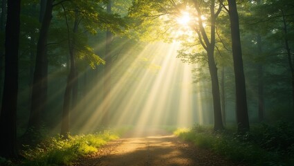 Fototapeta premium Tranquil forest scene with sun rays filtering through canopy illuminating dust particles in air