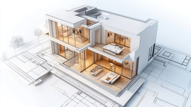 Projet de construction d'une maison d'habitation moderne d'architecte sous forme d'esquisse avec plan