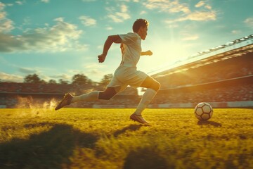 Naklejka premium Soccer player running with ball on field during sunset game
