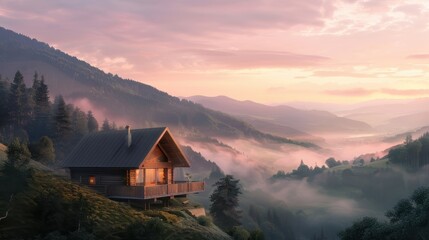 Fototapeta premium Serene Mountain Cabin Overlooking Misty Valley