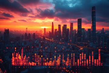 Fototapeta premium Vibrant skyline at sunset highlighting urban landscape and skyline elements from a high viewpoint