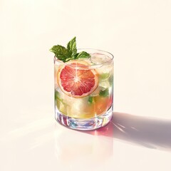 A refreshing cocktail with mint and citrus garnishes in a clear glass.