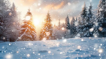 Fototapeta premium Serene Snow-Covered Forest at Sunset with Fir Trees