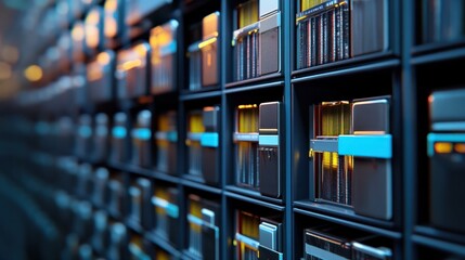 Technological background with digital archives and data storage visuals, ideal for representing digital archives and scientific research in educational materials