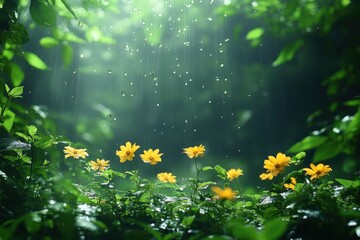 Yellow flowers blooming in a lush green forest during a gentle rain shower