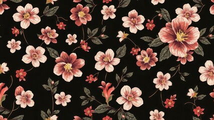 Obraz premium A luxury Japanese style seamless tile with exotic foliage and floral pattern in dark background. Continuous summer hawaiian fabrics background. Floral foliage ornament pattern. Backdrop, painting. 